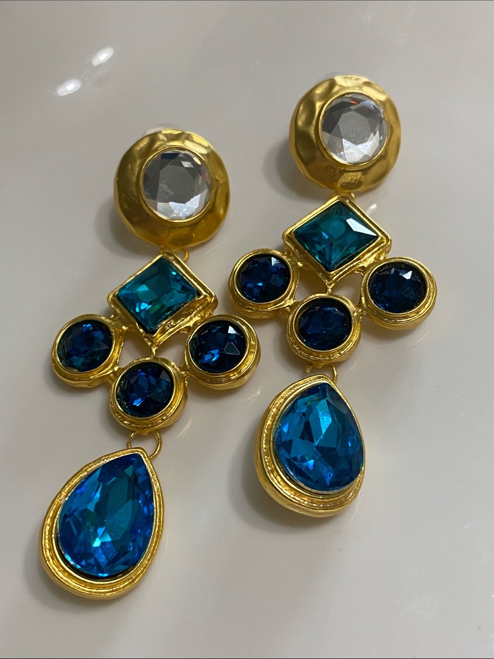 Matte Gold Blue Crystal Drop Earrings